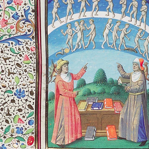 Maïtre François, Porphyrius and Plotinus discussing the purification of the soul by means of theurgy; gods, souls and zodiac signs